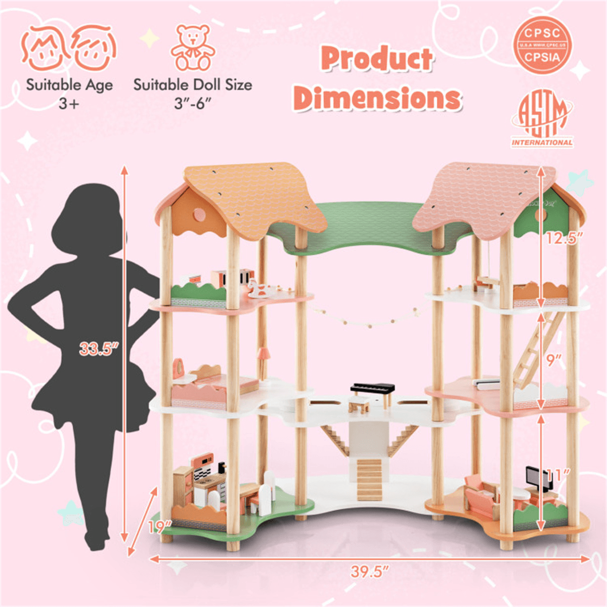 image-3-Tier Dollhouse with 7 Rooms & 31 Furniture, Corner MDF+Pine Wood Toy