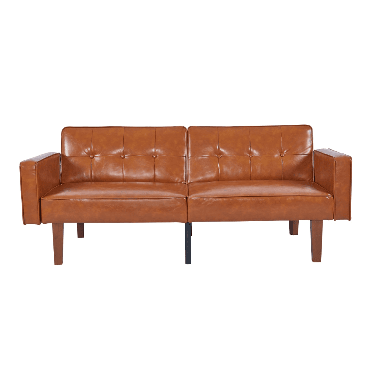 image-Modern PU Leather Futon Sofa with Tufted Backrest, Adjustable Reclining Couch with Wood & Metal Legs, Mid-Century Style Sofa for Living Room