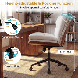 image-White Armless Office Chair , Curved Backrest & Wide Seat, 360° Swivel & Rocking Function