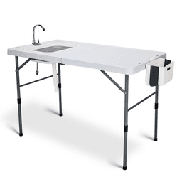 image-50" Folding Fish Cleaning Table with Sink, Bi-Folding Portable Camping Sink Station with Drain Hose, Trash Can, Foldable Outdoor Sink for Camping, Fishing, BBQ