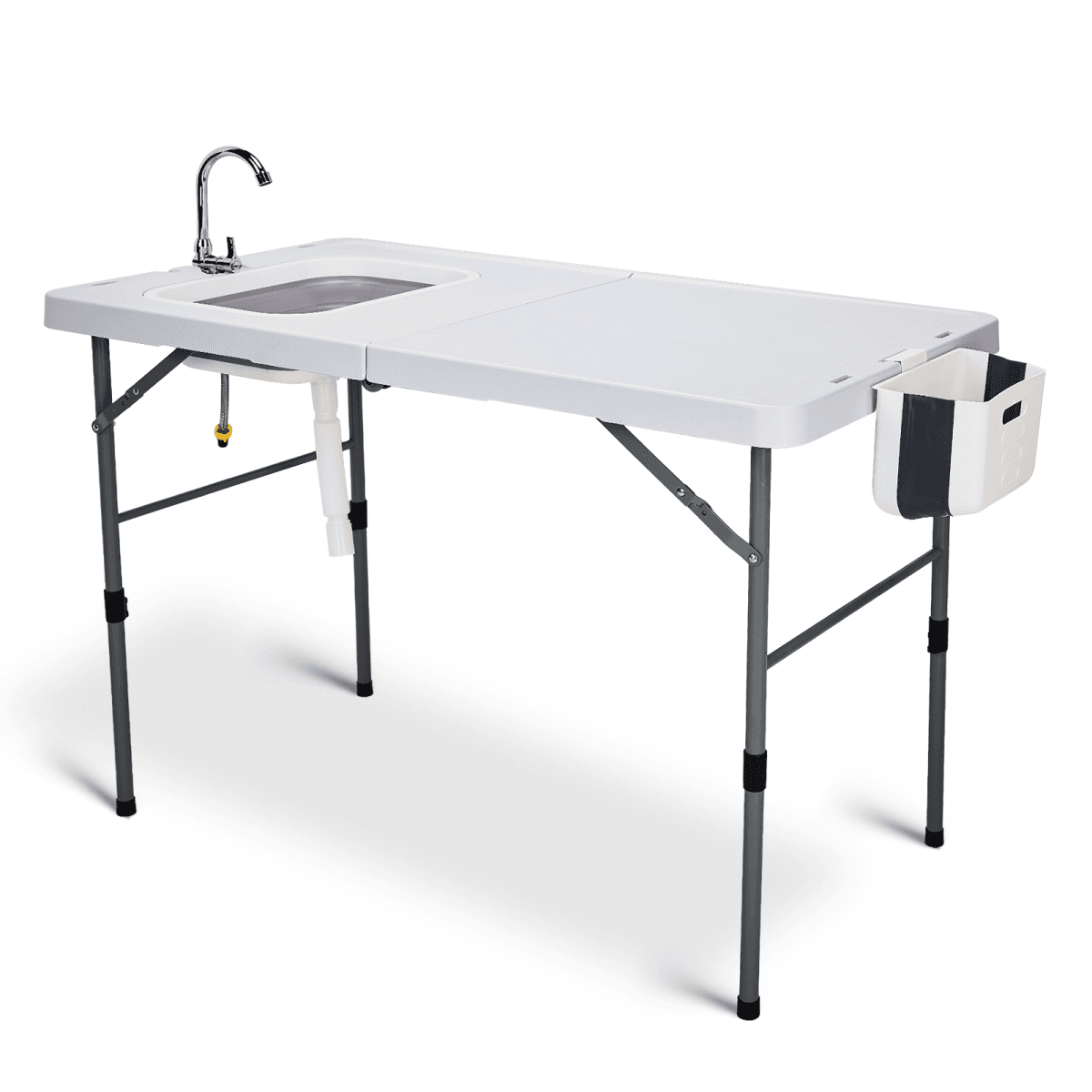 image-50" Folding Fish Cleaning Table with Sink, Bi-Folding Portable Camping Sink Station with Drain Hose, Trash Can, Foldable Outdoor Sink for Camping, Fishing, BBQ