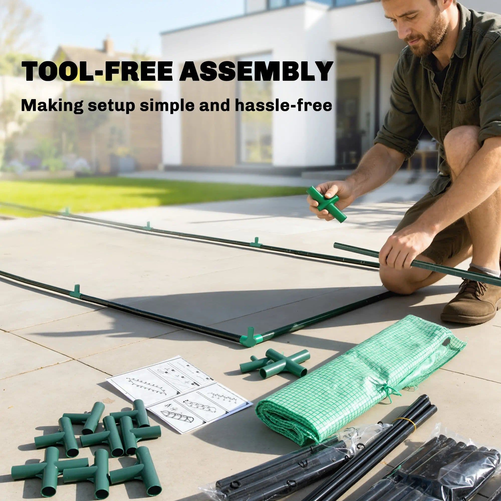 image-Garden Bed with Mini Greenhouse - Green/Dark Green, Tool-Free Assembly, UV Protection