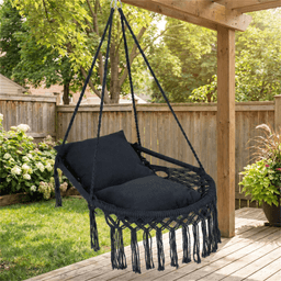 image-Black Boho Macrame Swing Chair 330lbs Capacity