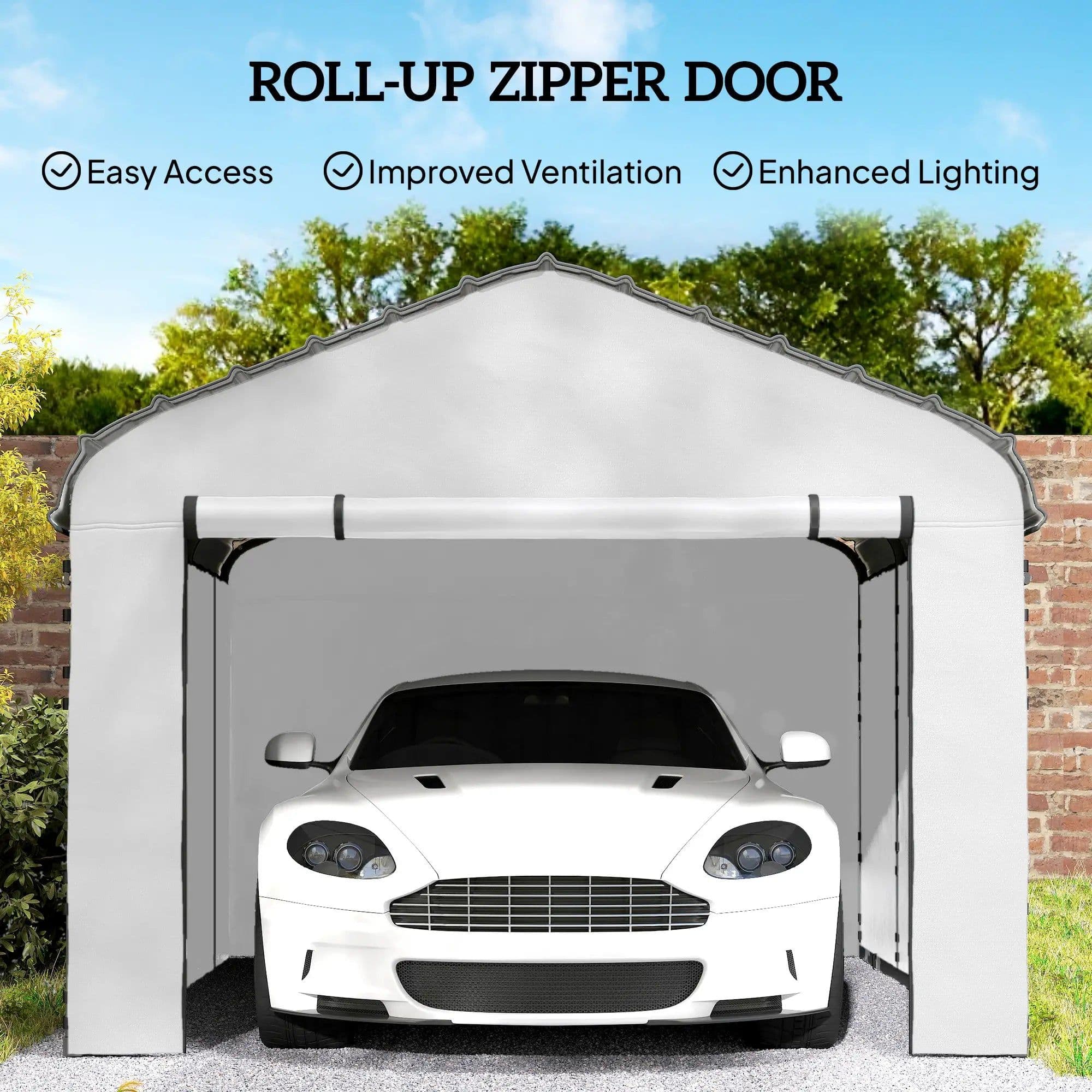image-Carport Sidewall Panel - White, UPF50+ PE Fabric, Fits Most 12'x20' Carports