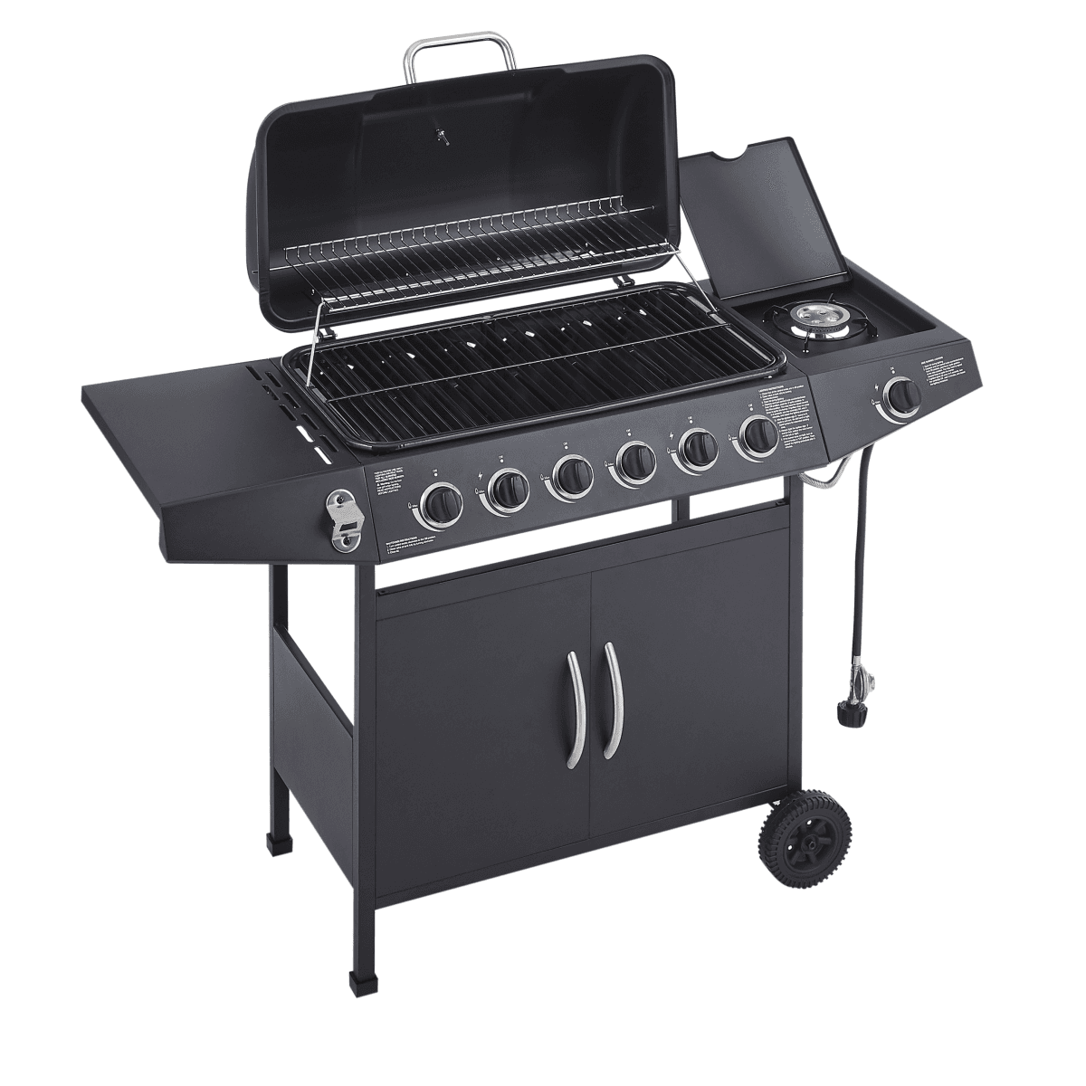 image-6-Burner Stainless BBQ Grill, 59000 BTU, Side Burner, Propane, Enamel-Coated, 60" Tall