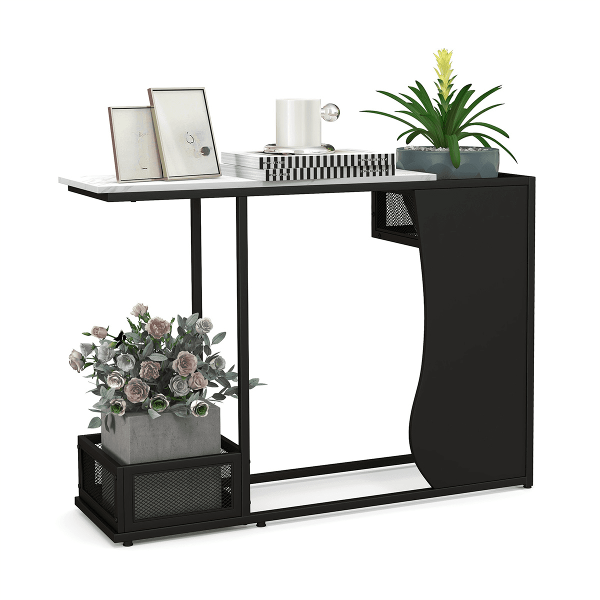 image-Console Table 43.5" Waterproof - White & Black Metal Frame