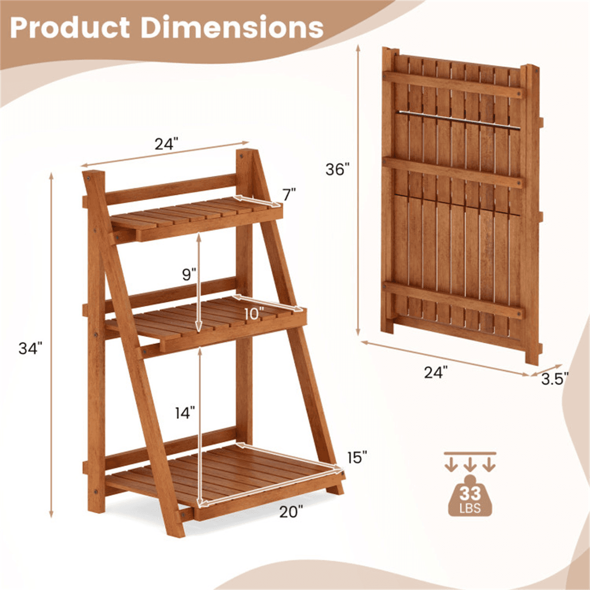 image-Acacia Wood 3-Tier Ladder Plant Stand - Foldable 24"