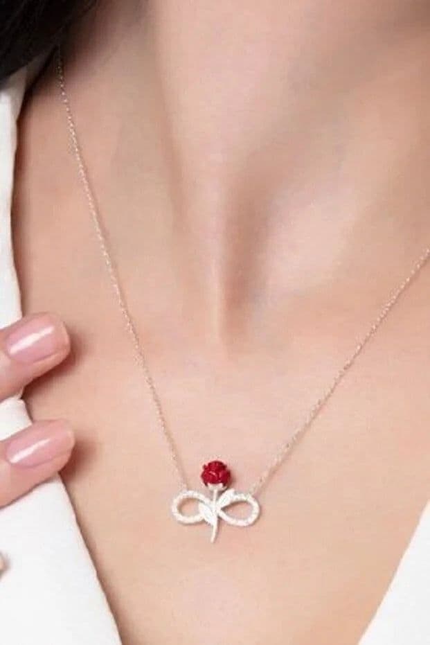 image-925 Sterling Silver Red Rose Infinity Necklace with White Stone