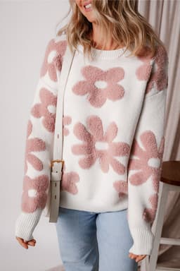 image-White Textured Flower Drop Shoulder Loose Sweater