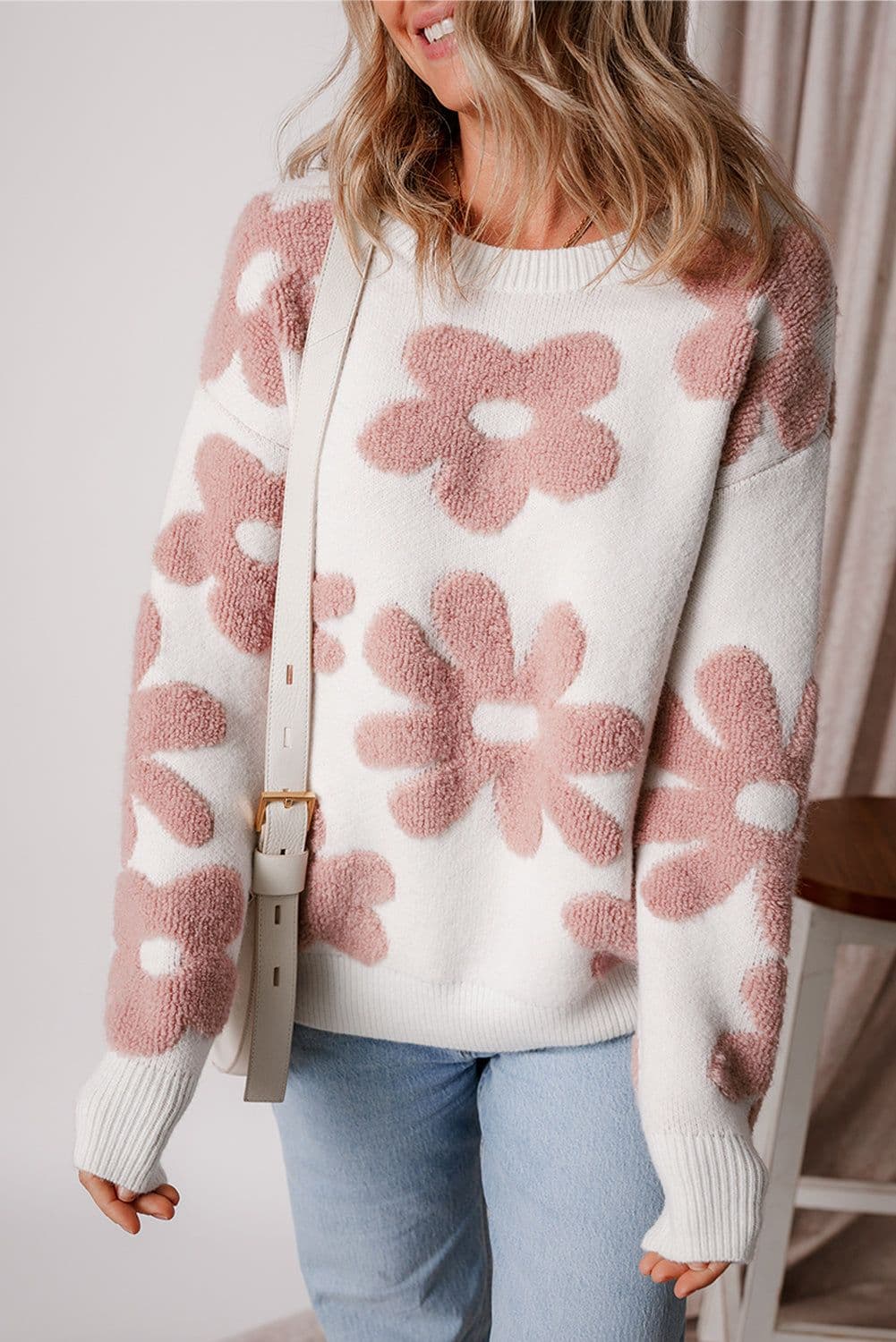 image-White Textured Flower Drop Shoulder Loose Sweater