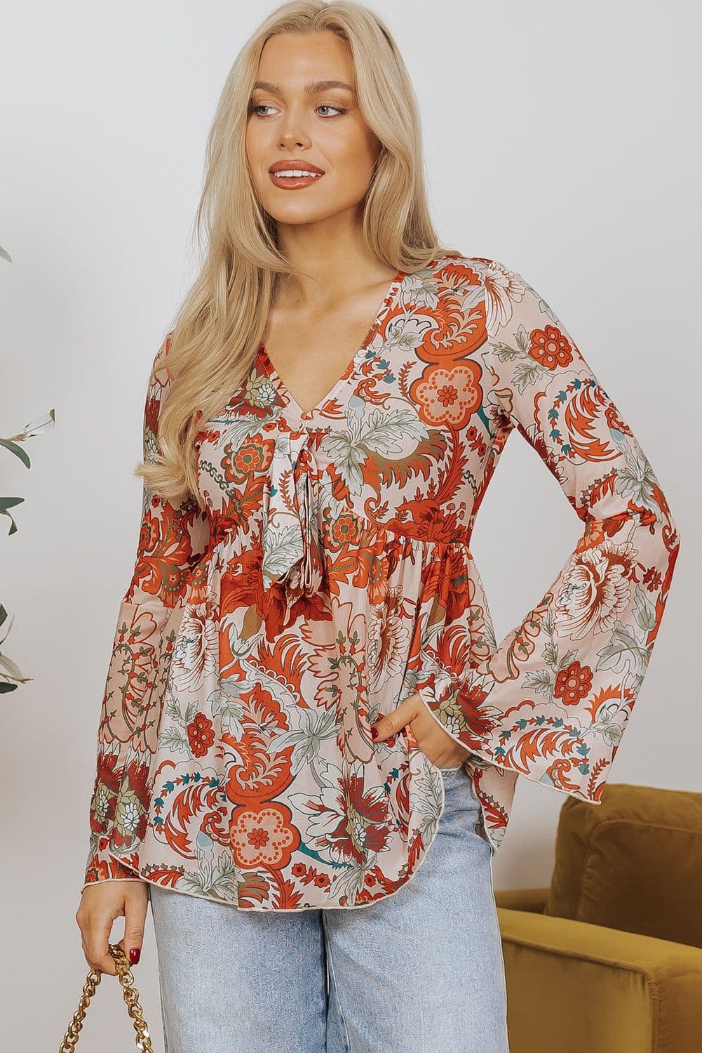 image-Floral Print Deep V Neck Knot Bell Sleeve Blouse - Orange