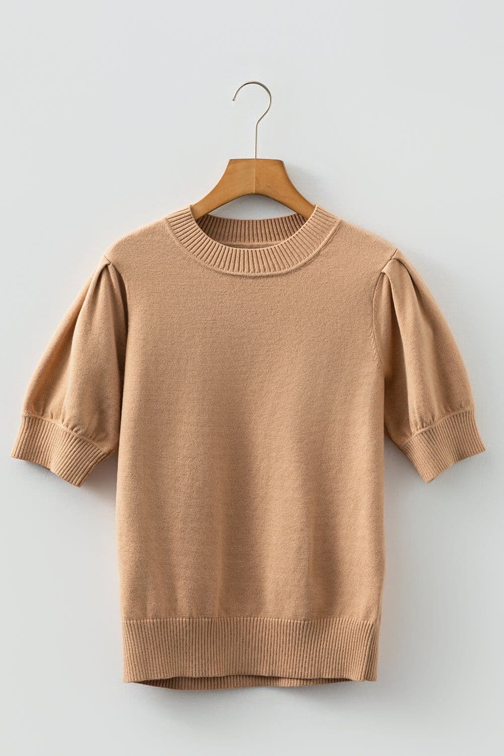 image-Light French Beige Knit Sweater - Short Puff Sleeve