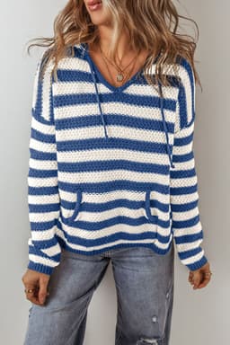 image-Blue Stripe V Neck Hooded Sweater with Pocket
