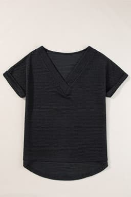 image-Khaki Textured Wide Sleeve V Neck T Shirt