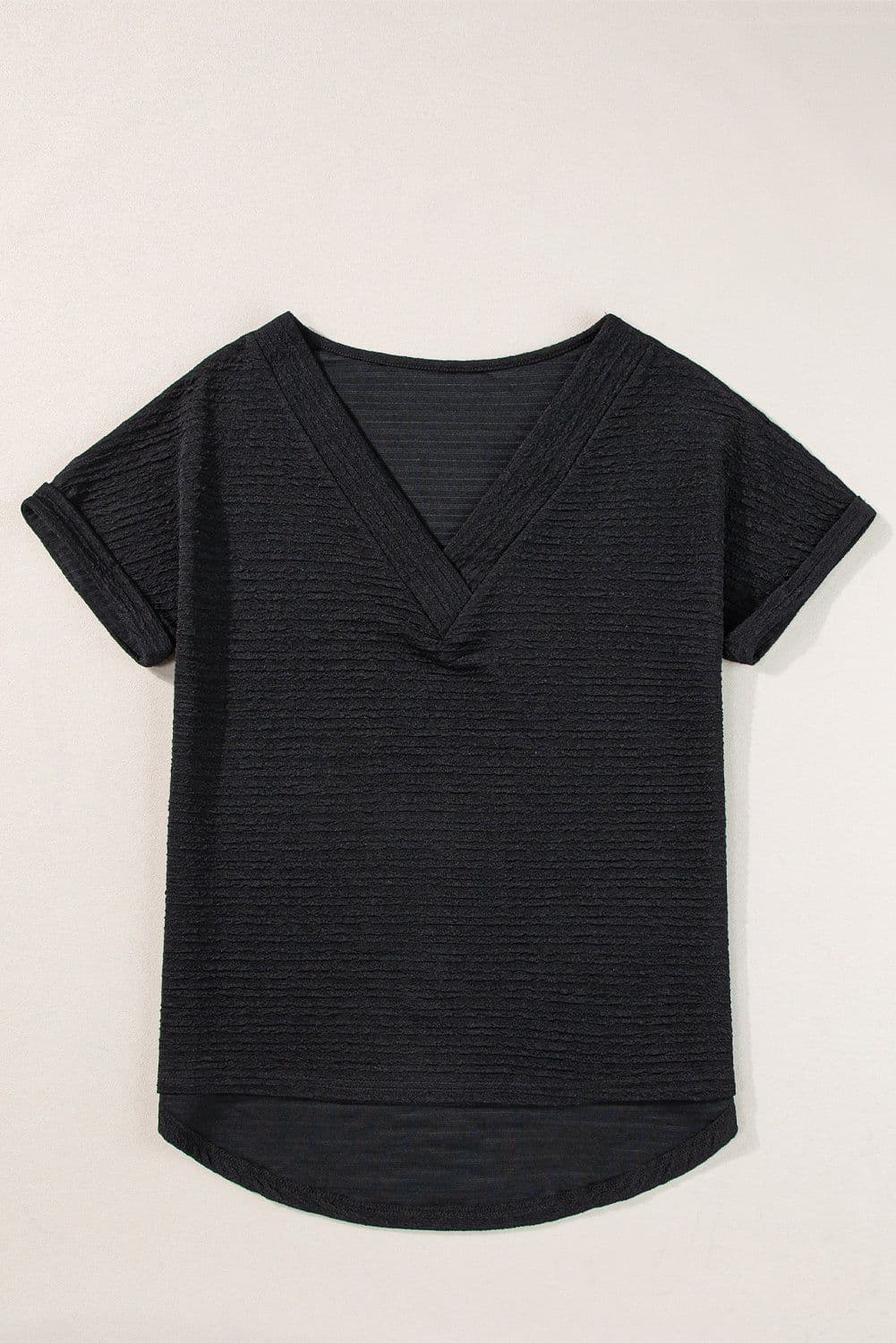 image-Khaki Textured Wide Sleeve V Neck T Shirt