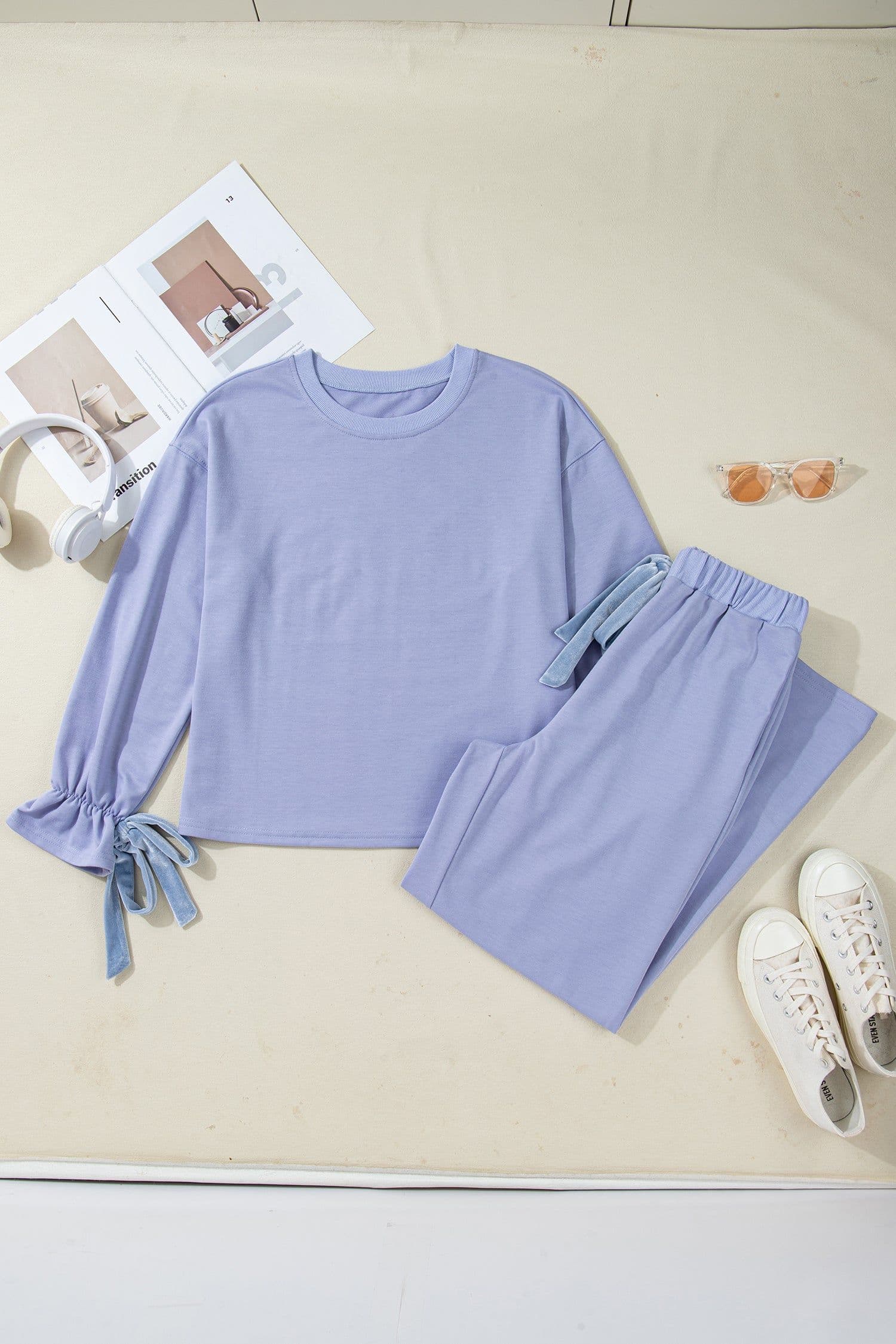 image-Beau Blue Flounce Long Sleeve Top Drawstring Pants Contrast Velvet Bow Knot 2pcs Lounge Set