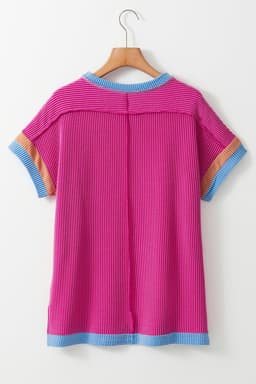 image-Bright Pink Textured T Shirt - Contrast Trim