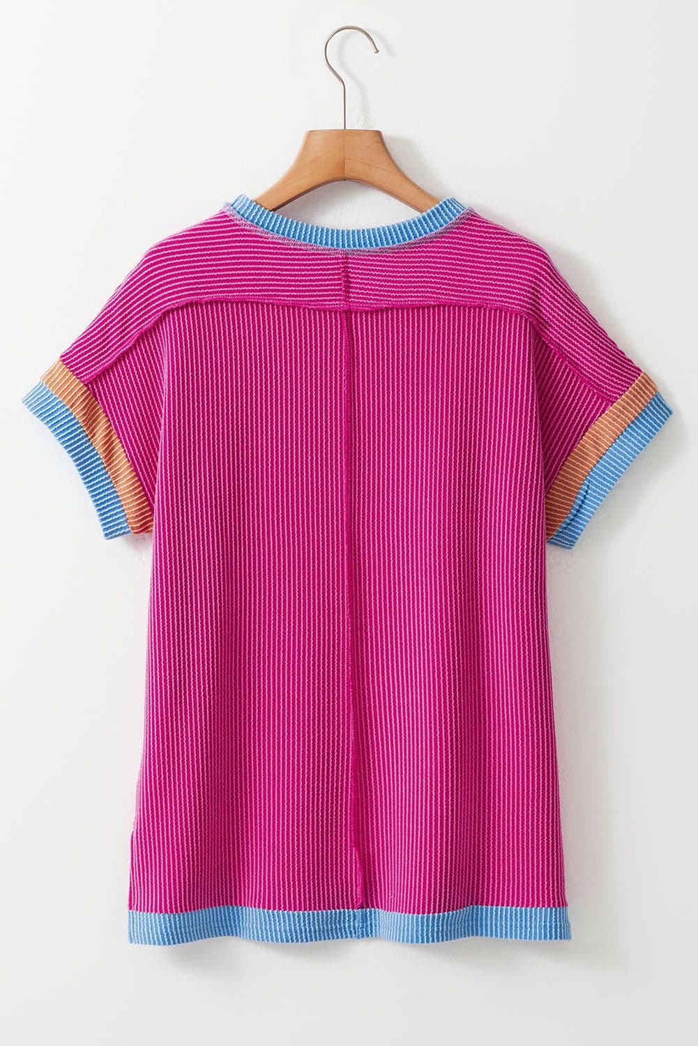 image-Bright Pink Textured T Shirt - Contrast Trim