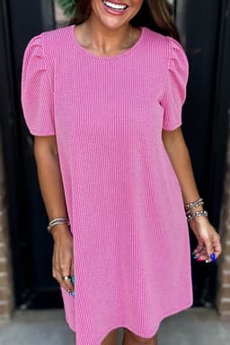 image-Bright Pink Corded Knit Puff Sleeve Mini Dress