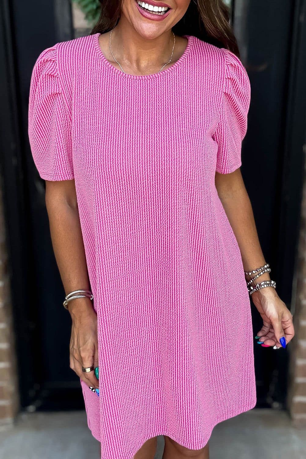 image-Bright Pink Corded Knit Puff Sleeve Mini Dress
