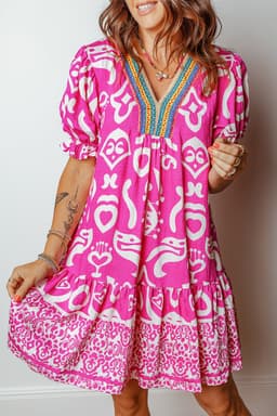image-Boho Mixed Print V Neck Flared Dress - Short Sleeve - Contrast Trim