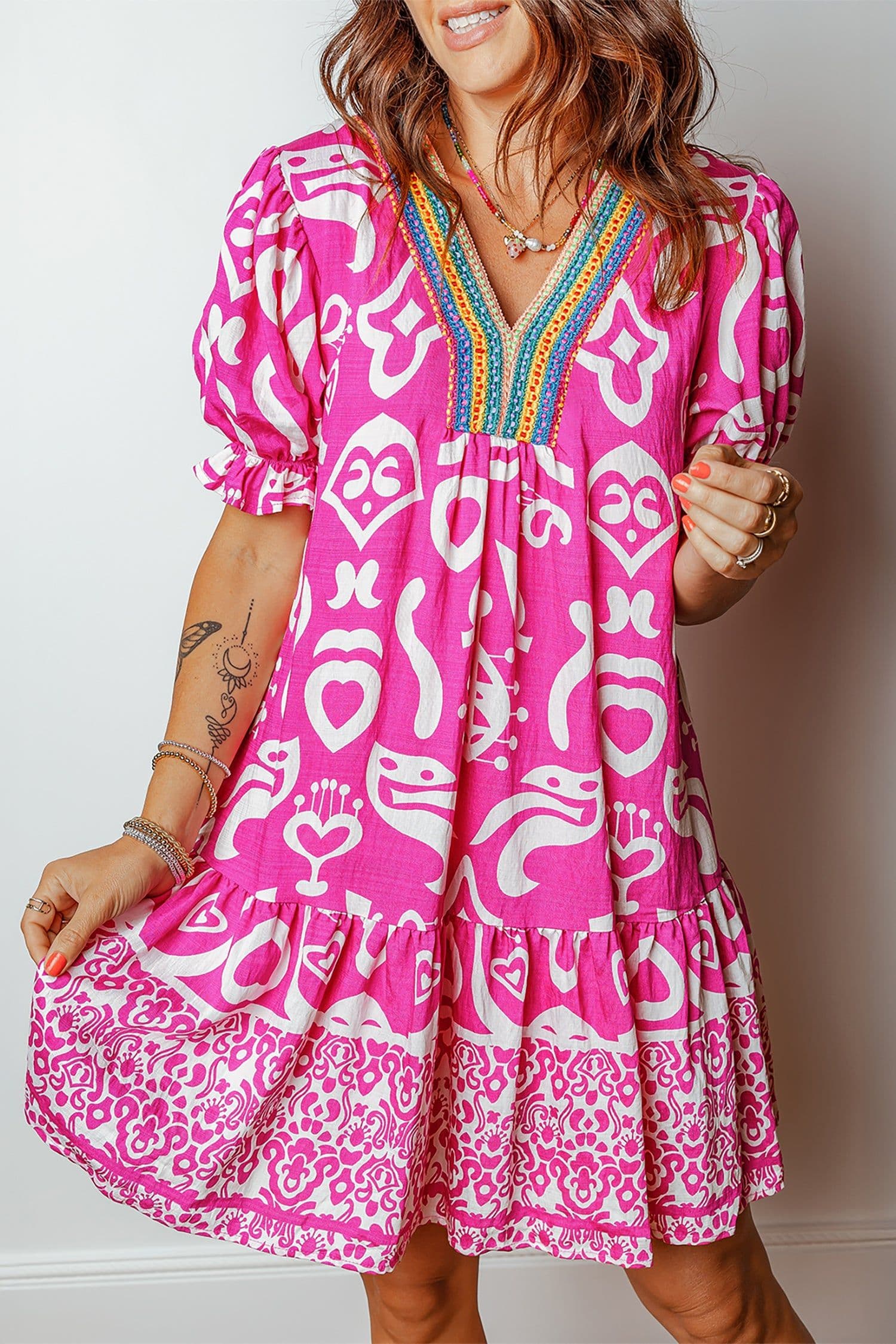 image-Boho Mixed Print V Neck Flared Dress - Short Sleeve - Contrast Trim