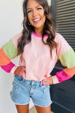 image-Dark Blue Colorblock Patchwork Long Sleeve Loose Top