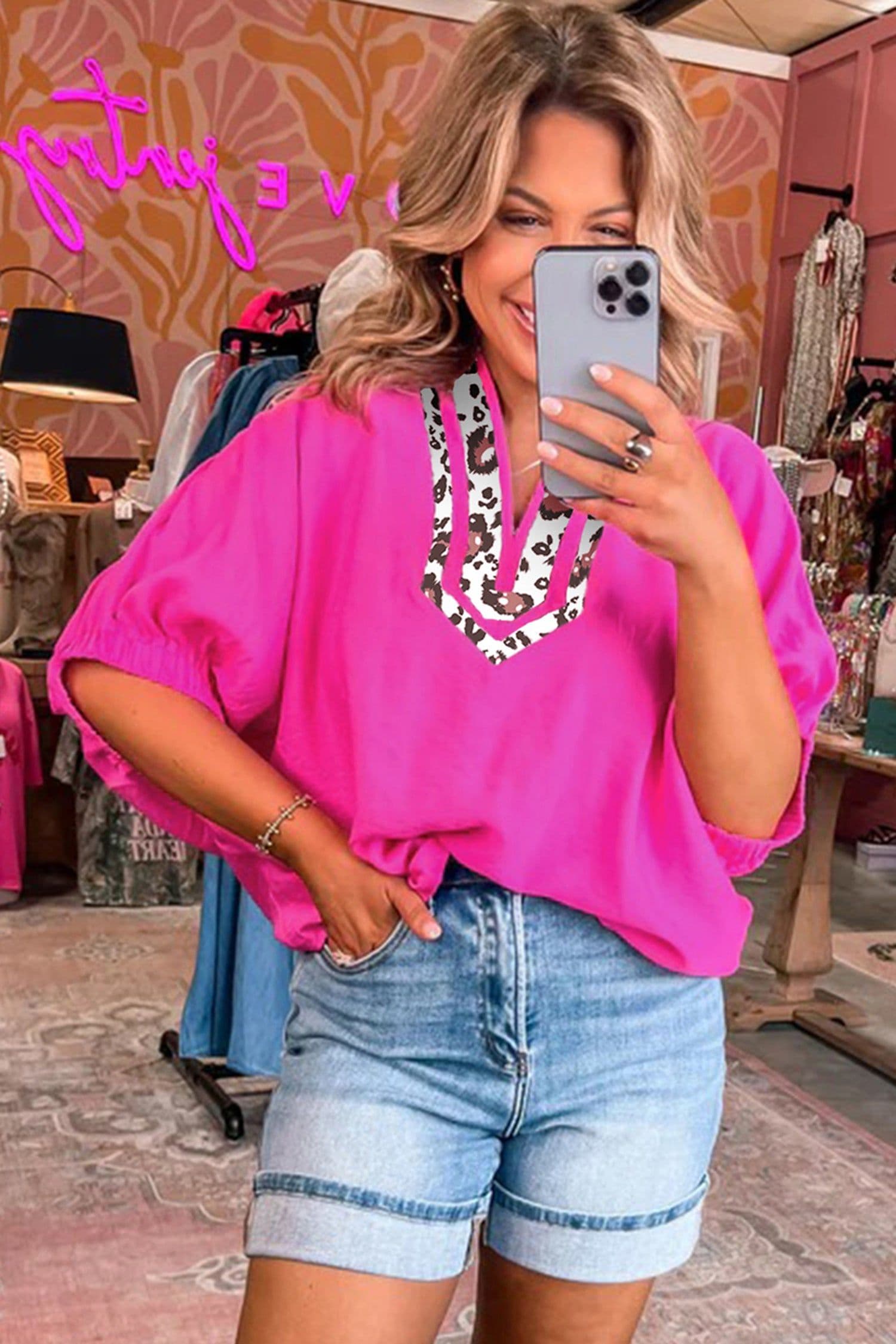 image-Black Dolman Half Sleeve Leopard Patchwork V Neck Blouse