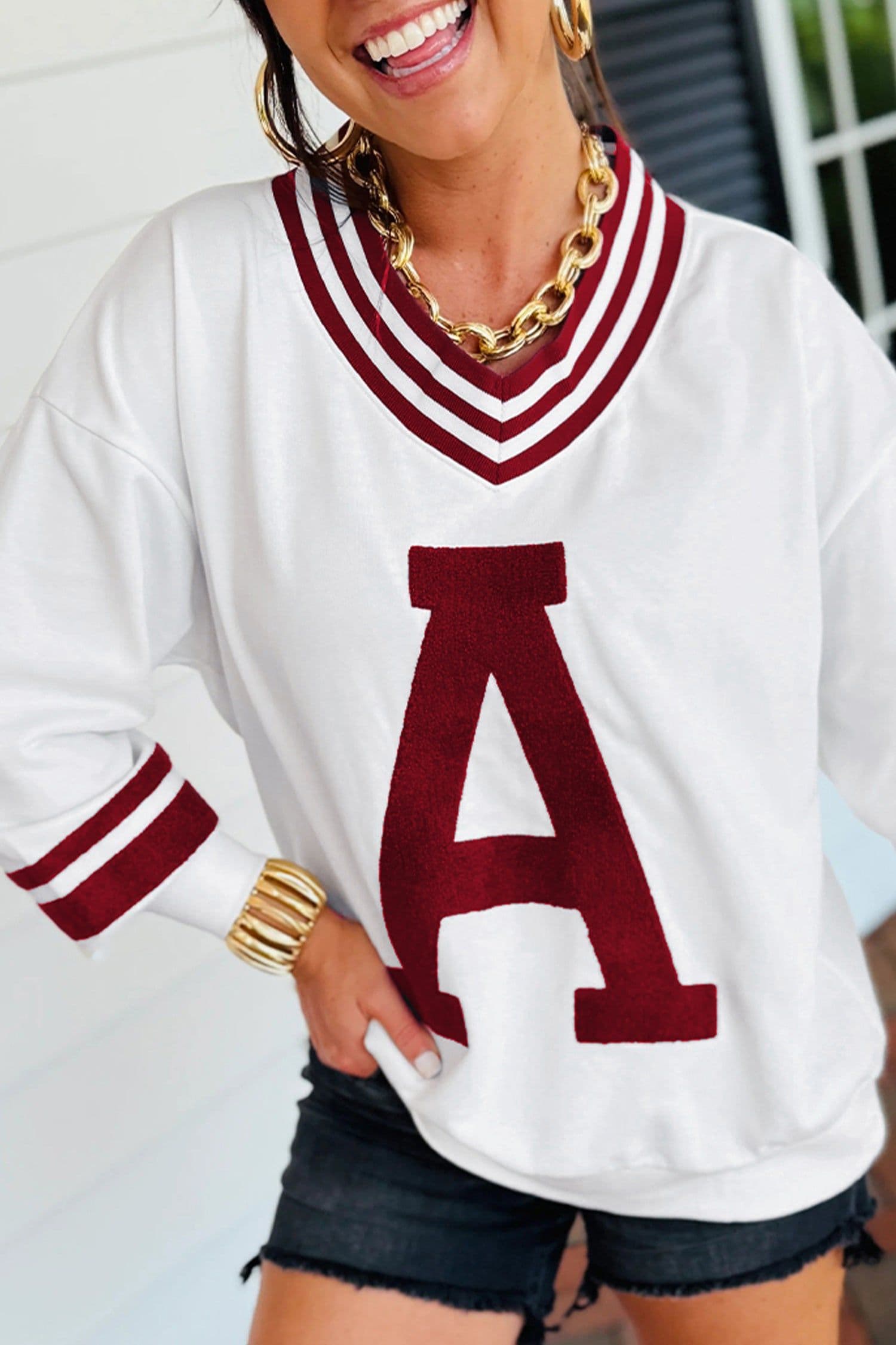 image-Red Dahlia Chenille Letter A Varsity Sweatshirt