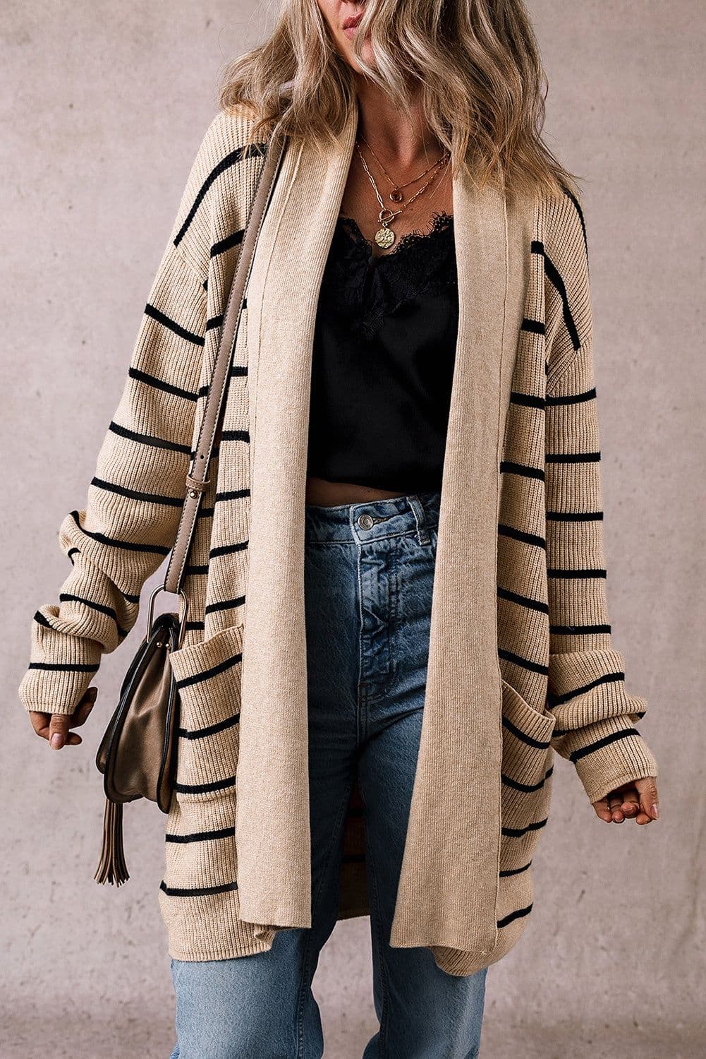 image-Black Stripe Shawl Neckline Open Cardigan with Pockets