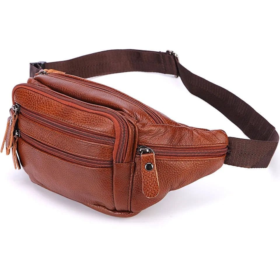 image-Fashion Men Genuine Leather Fanny Bag for Phone Pouch Male Leather Messenger Bags Brand Fanny Pack Male Travel Waist Bag Men