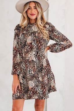 image-Brown Leopard Ruffled Detail Long Sleeve Mini Dress
