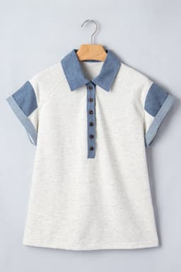 image-Light Grey Denim Color Block Patchwork Shirt Collar Short Sleeve Blouse