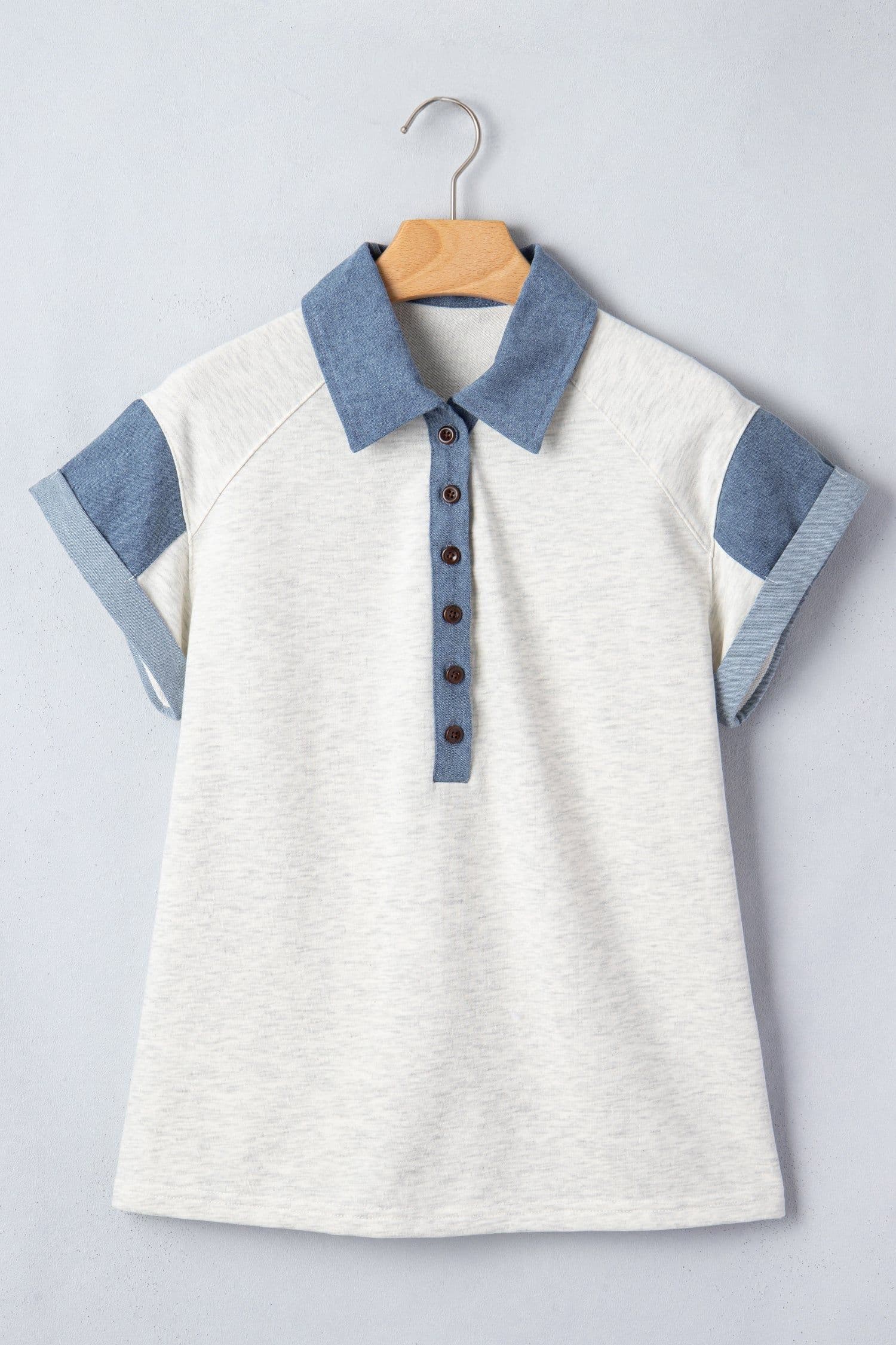image-Light Grey Denim Color Block Patchwork Shirt Collar Short Sleeve Blouse