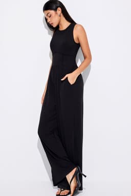 image-Black Cinched Waist Sleeveless Wide Leg Jumpsuit - Casual/Dressy