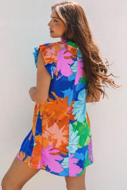 image-Blue Floral Flutter Sleeve Shift Mini Dress Pockets
