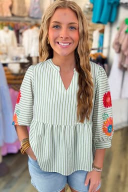 image-Green Stripe Floral Puff Sleeve V-Neck Babydoll Blouse