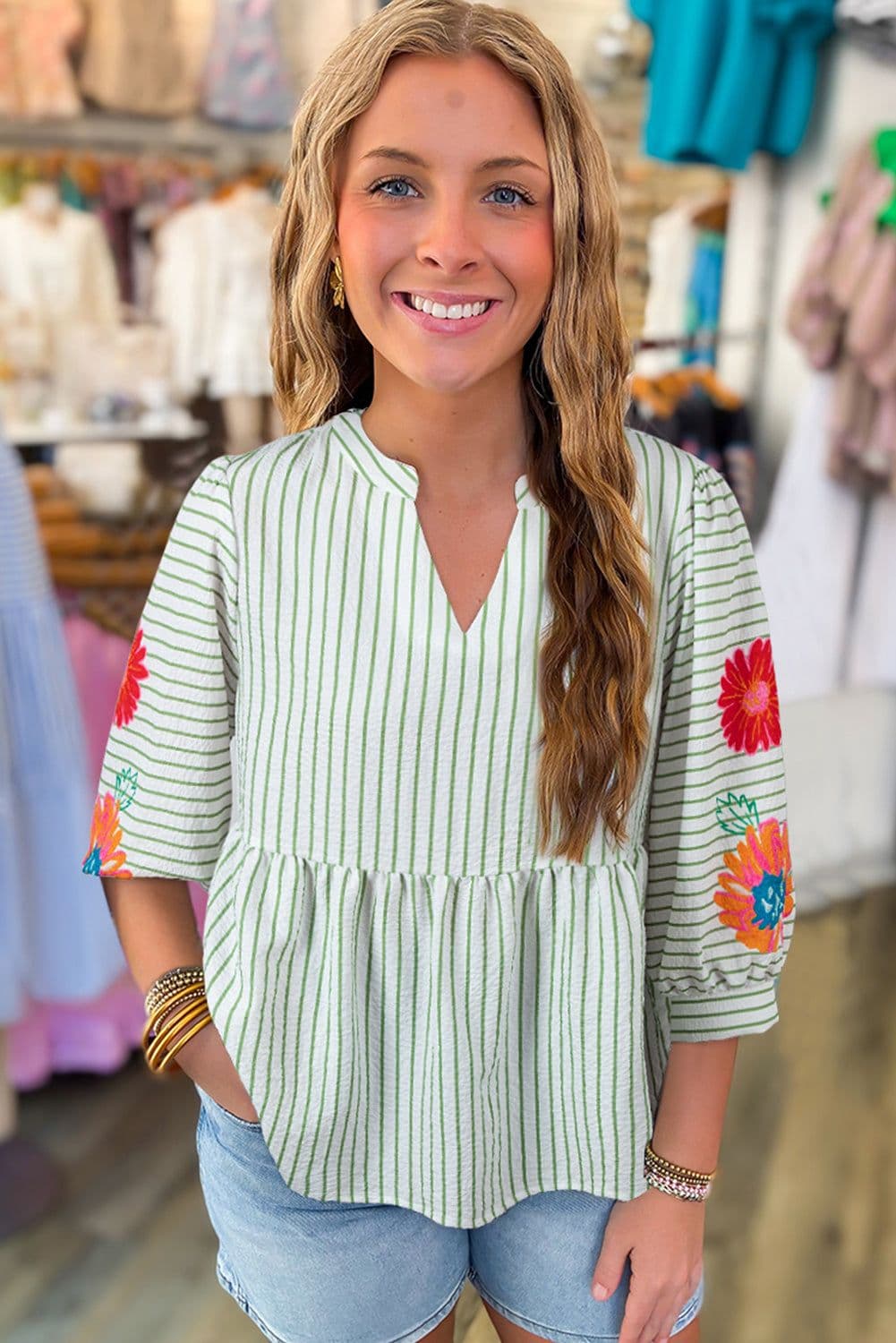 image-Green Stripe Floral Puff Sleeve V-Neck Babydoll Blouse