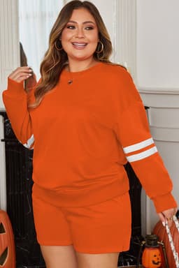 image-Orange Plus Size Varsity Striped Pullover Short Set