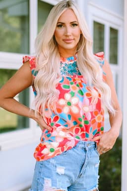 image-Rose Embroidered Floral Print Ruffle Trim Tank Top