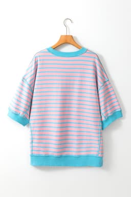 image-Pink Stripe Oversized T-Shirt Contrast Trim