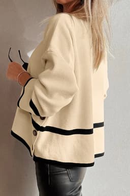 image-Simply Taupe Ribbed Knit Contrasted Stripe Detail Button Side Loose Sweater