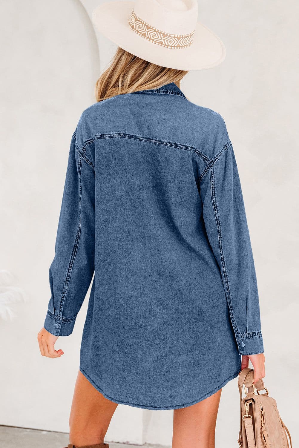 image-Blue Denim Shirt Dress Chest Pocket Raw Hem Loose