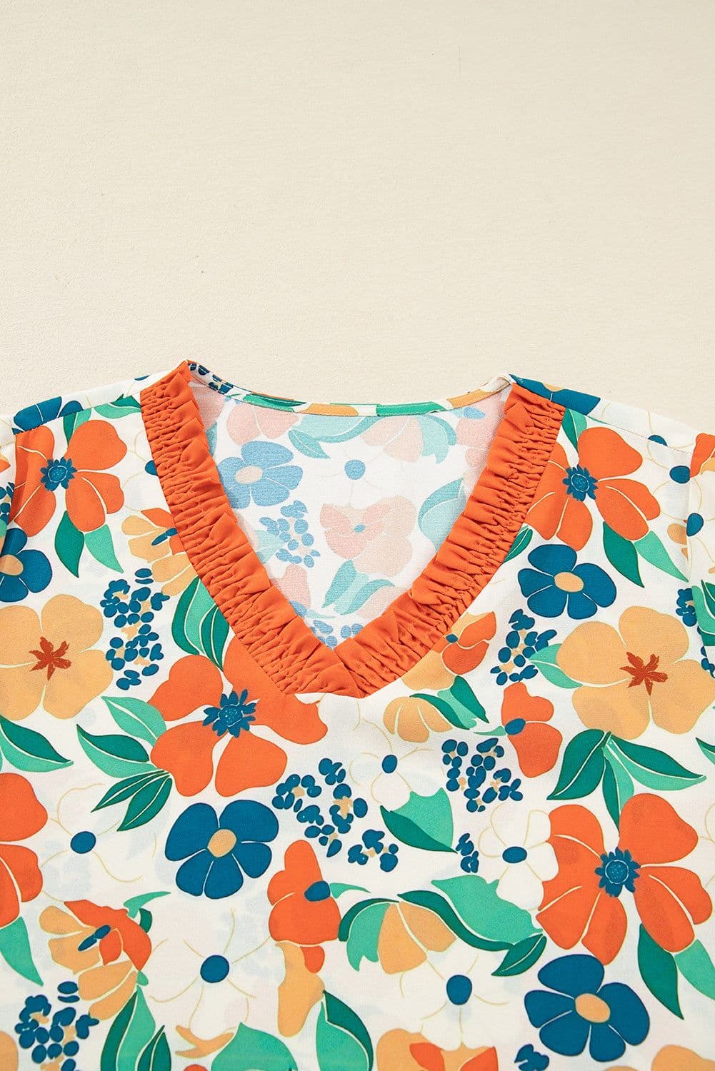 image-Orange Floral Print Blouse - Frilled V Neck
