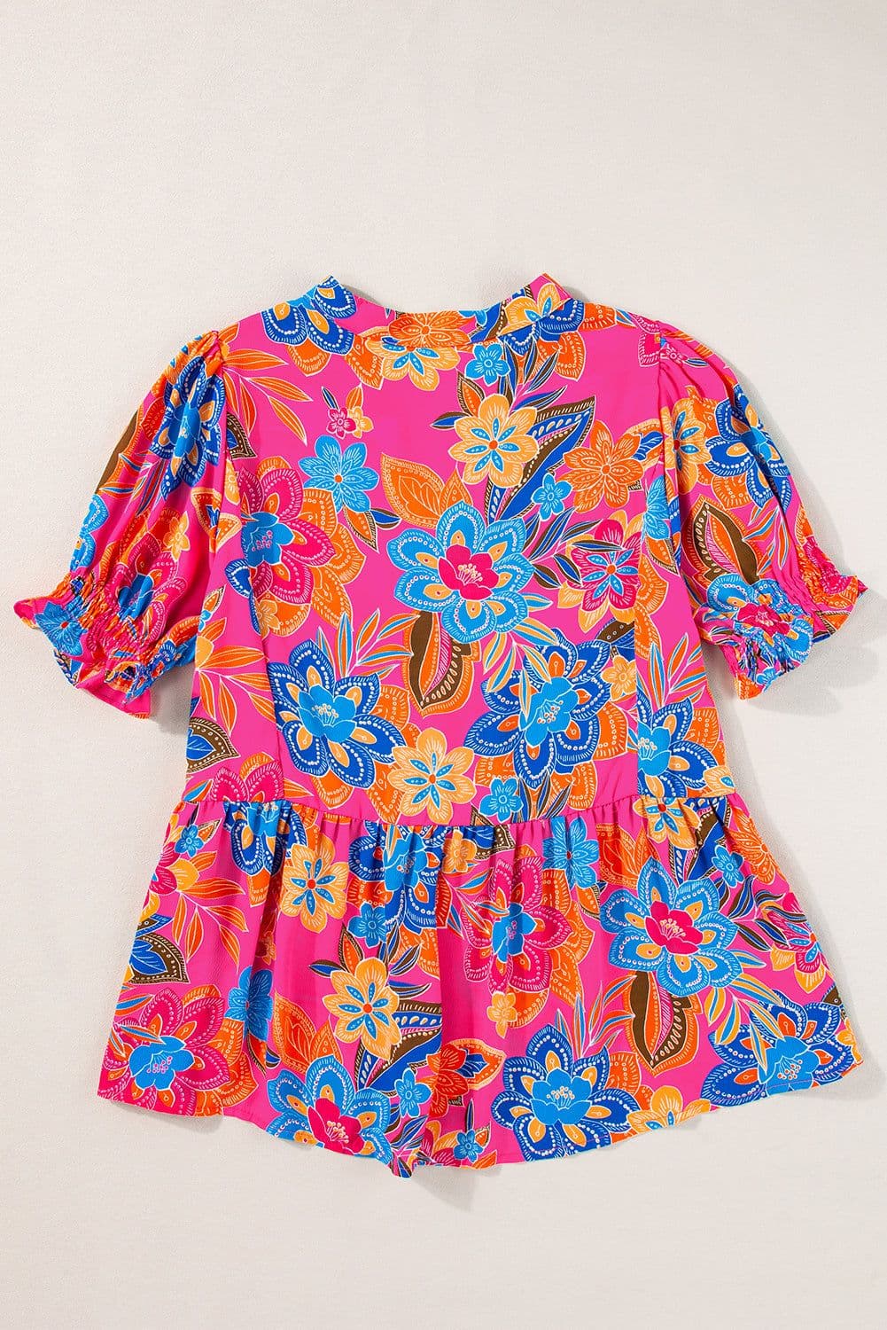 image-Rose Abstract Print Smocked Puff Sleeve V Neck Blouse
