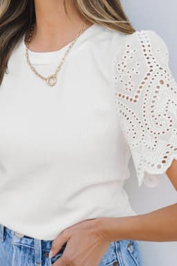 image-White Eyelet Pattern Short Sleeve Patchwork Ribbed Top