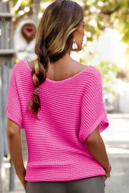 image-Pink Solid Loose Knit Short Dolman Sleeve Sweater