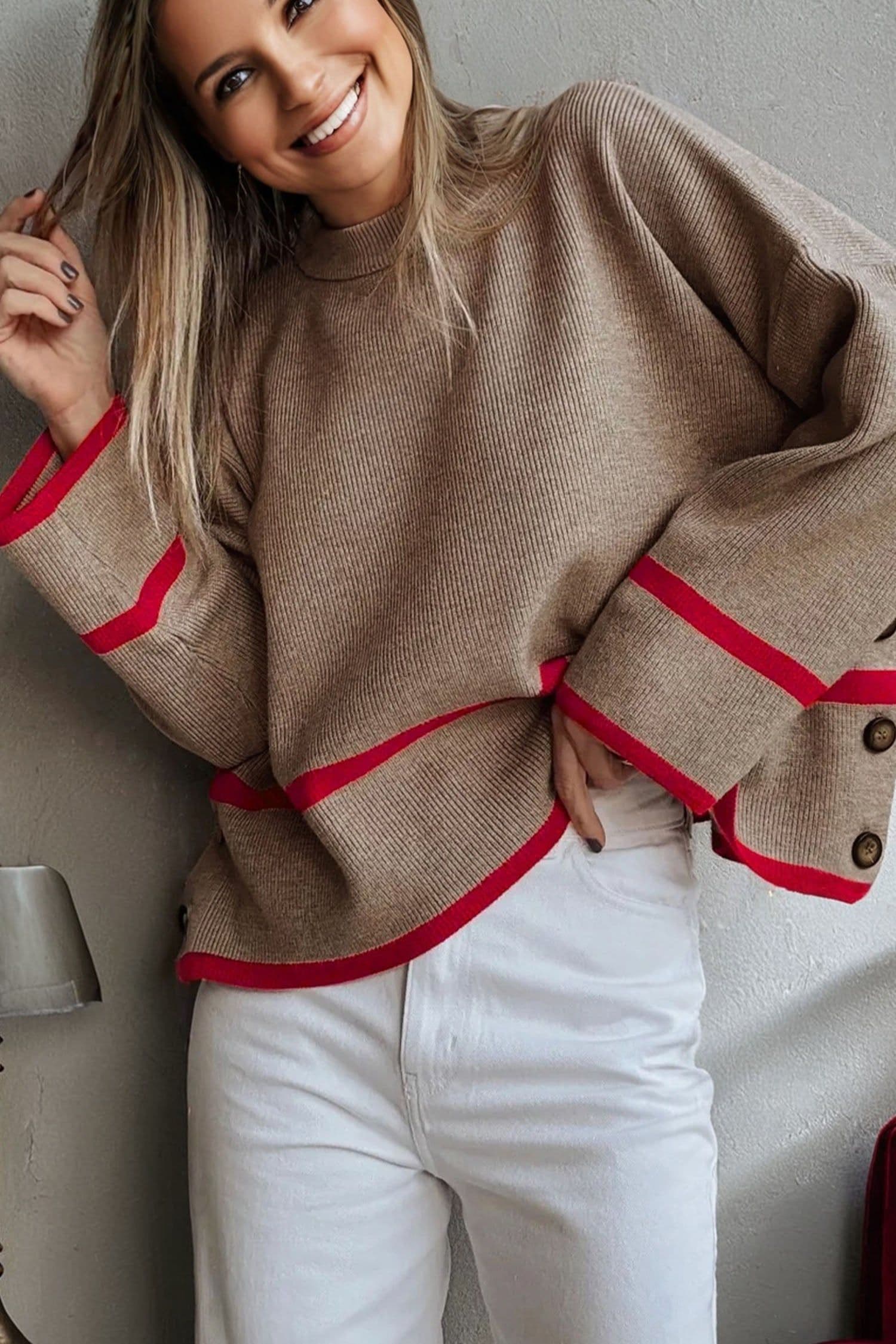 image-Simply Taupe Ribbed Knit Contrasted Stripe Detail Button Side Loose Sweater