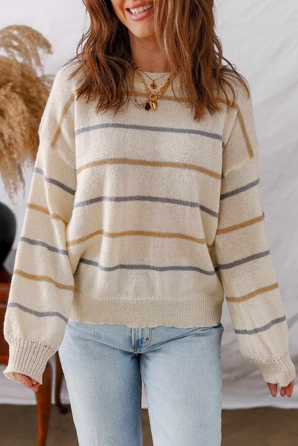 image-Pink Stripe Ribbed Edge Drop Shoulder Sweater