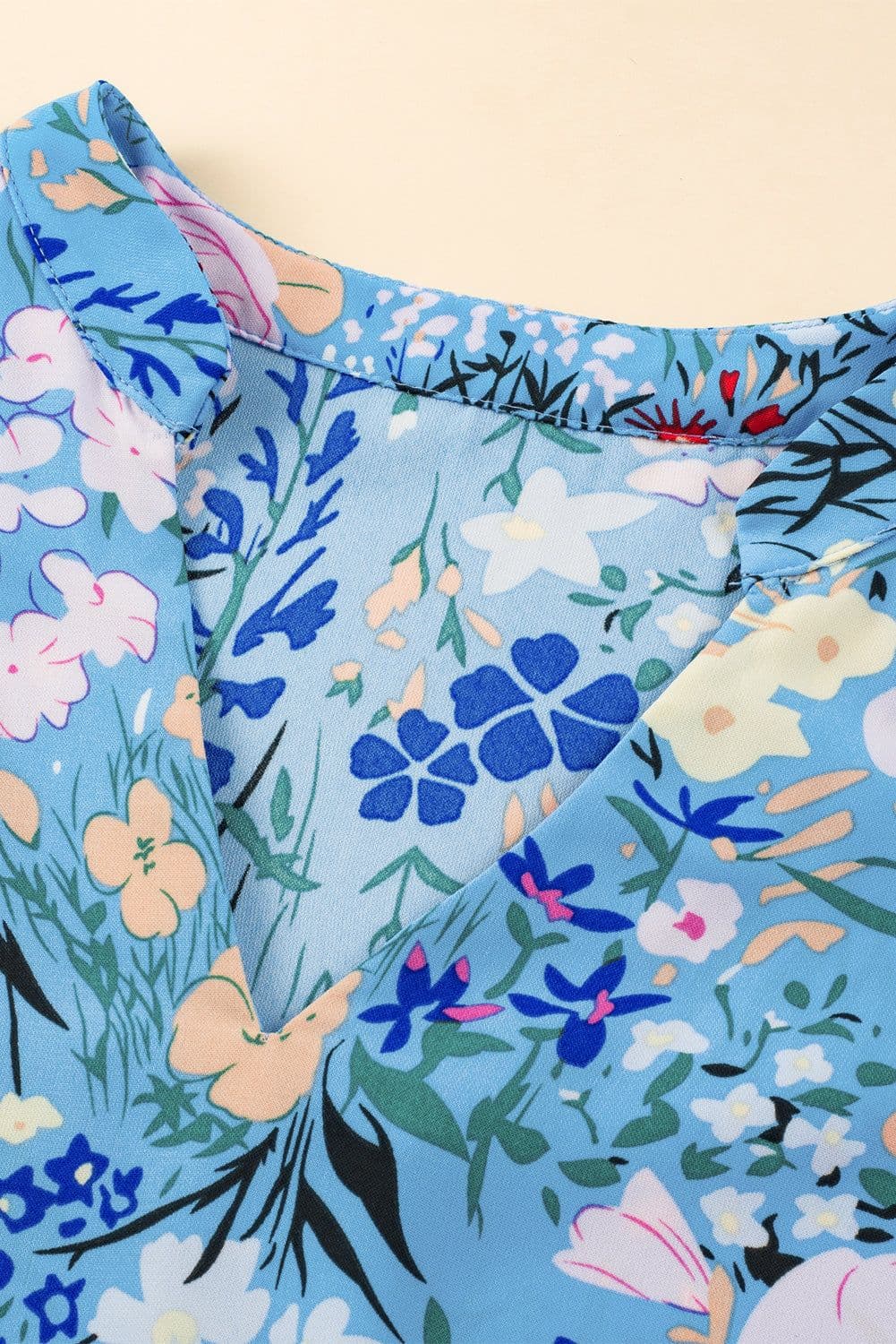 image-Sky Blue Floral Flutter Sleeve V Neck Ruffled Dress
